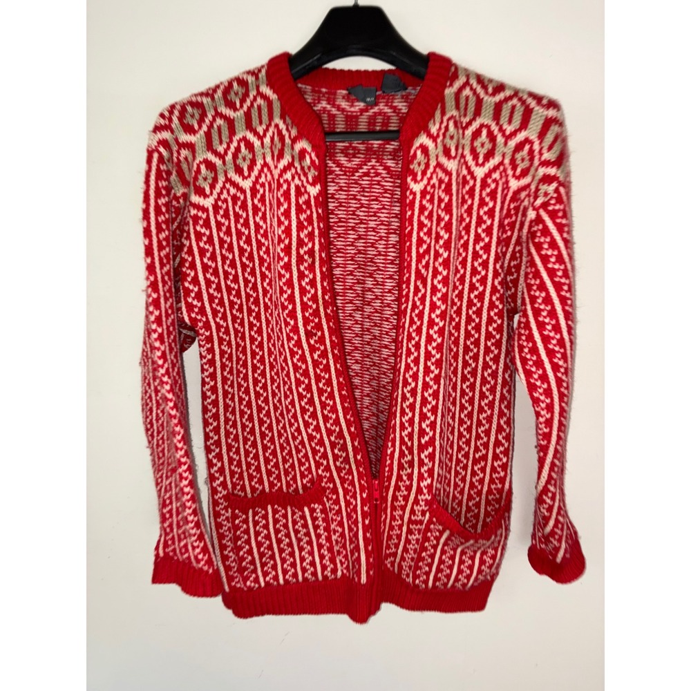 Lizwear Zip Up Cardigan Women S Red Fair Isle 100% Wool Nordic Vintage Sweater